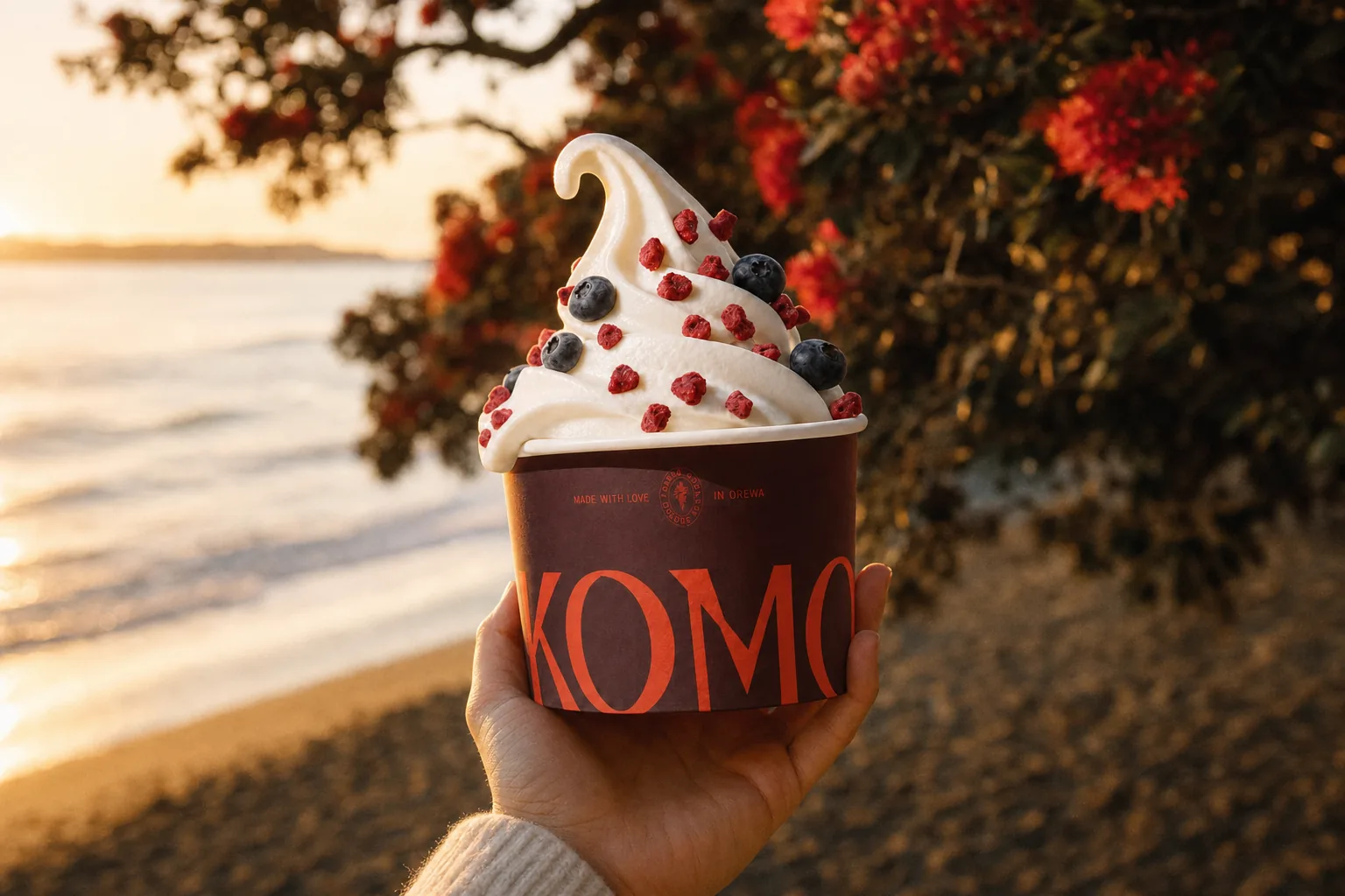 A Komo cup held up against the beach at golden hour