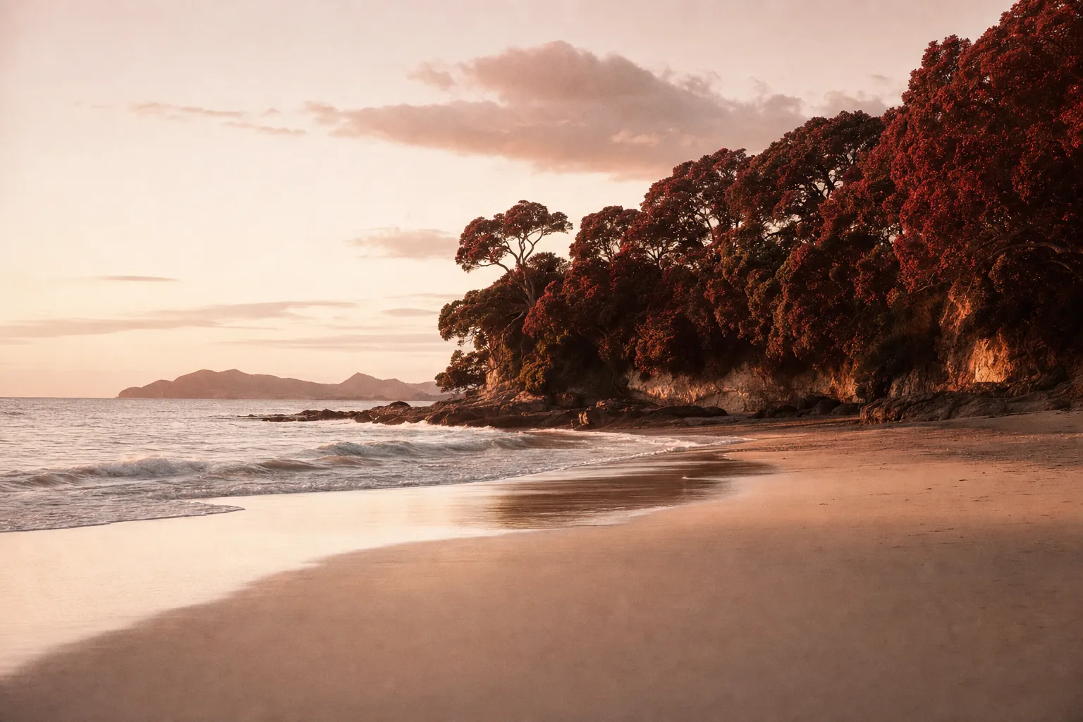 A calm New Zealand east coast beach at golden hour