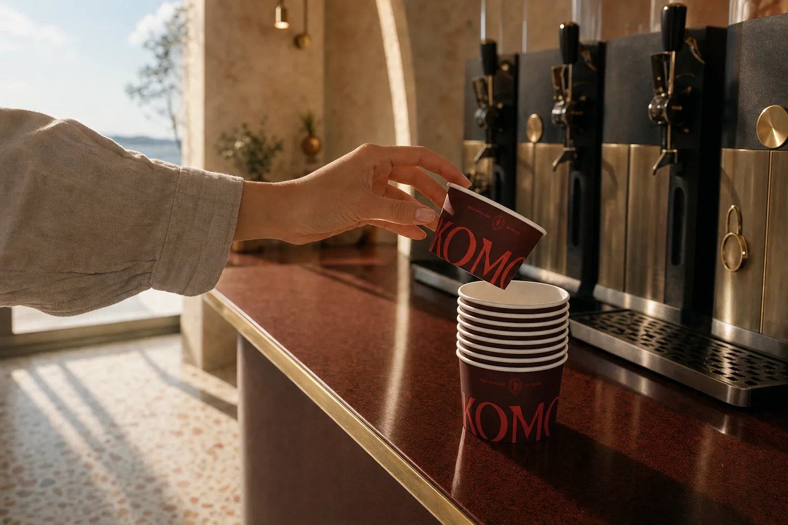A hand lifting an empty Komo cup from a stack beside the machines