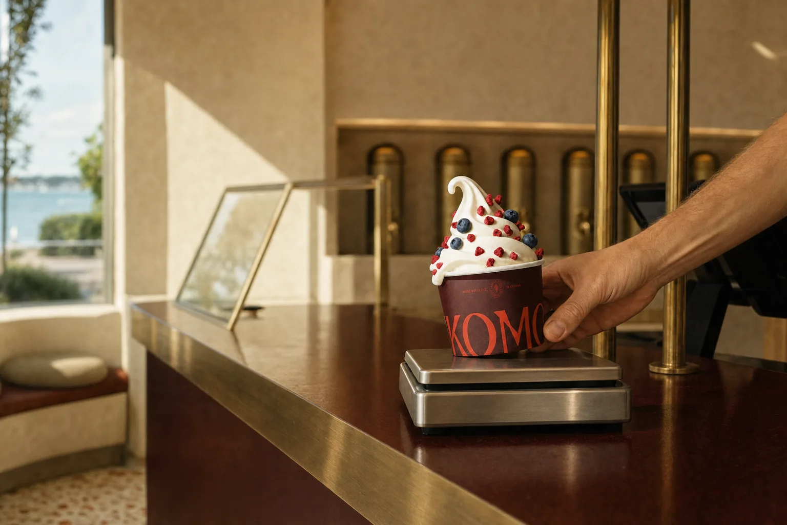 A filled Komo cup sitting on the scales at the counter