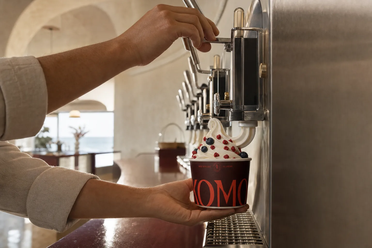 A hand pulling the lever of a soft-serve machine into a Komo cup