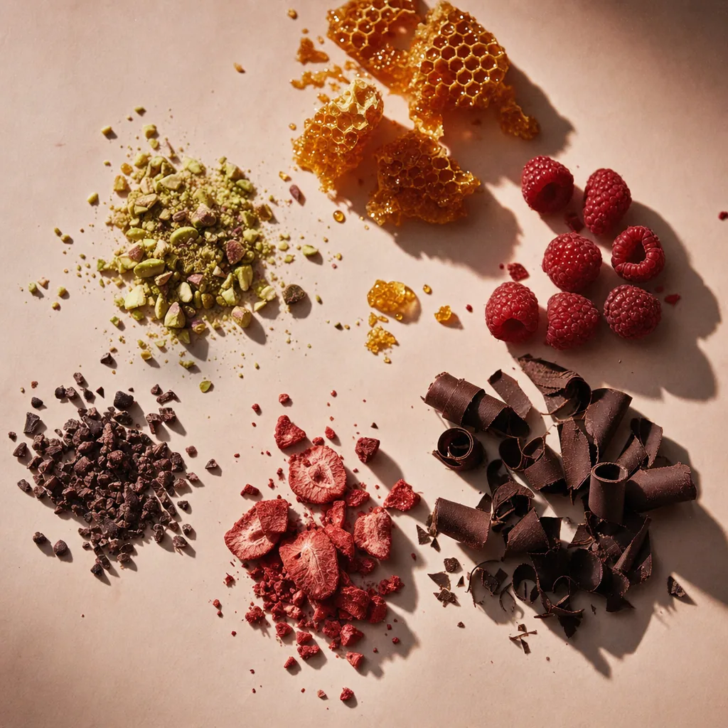 Dessert toppings arranged in clusters on a blush surface